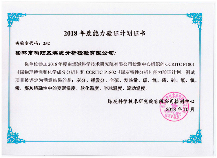 2018年度能力驗(yàn)證計(jì)劃合格證書